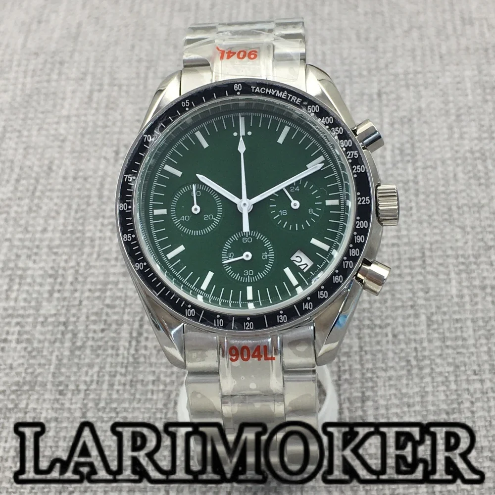 

LARIMOKER 40mm Green Dial Vk63 Movement Multi-Function Full Chronogra Quartz Men's Green Luminous Watch Folding Clasp Strap