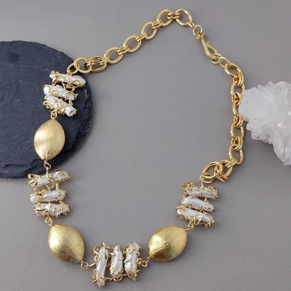 

Y·YING Freshwater White Biwa Pearl Brushed Bead Coller Necklace Designer Jewelry