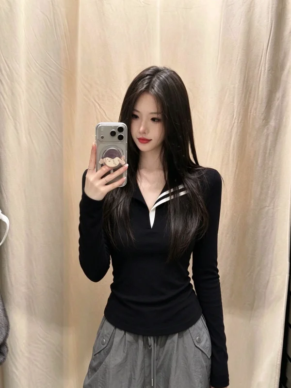 Korean Style Long Sleeve Black T-Shirt Women's Slim Fit Base Shirt Light Maturity Unique Not Collision Top Commute Style
