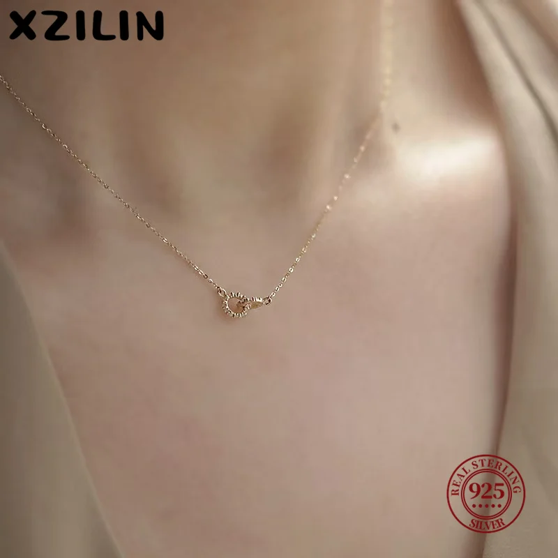 XZiLin 925 Sterling Silver Classic Simple Circle Zircon Necklace for Women Wedding Round Pendant Collarbone Chain Gentle Jewelry