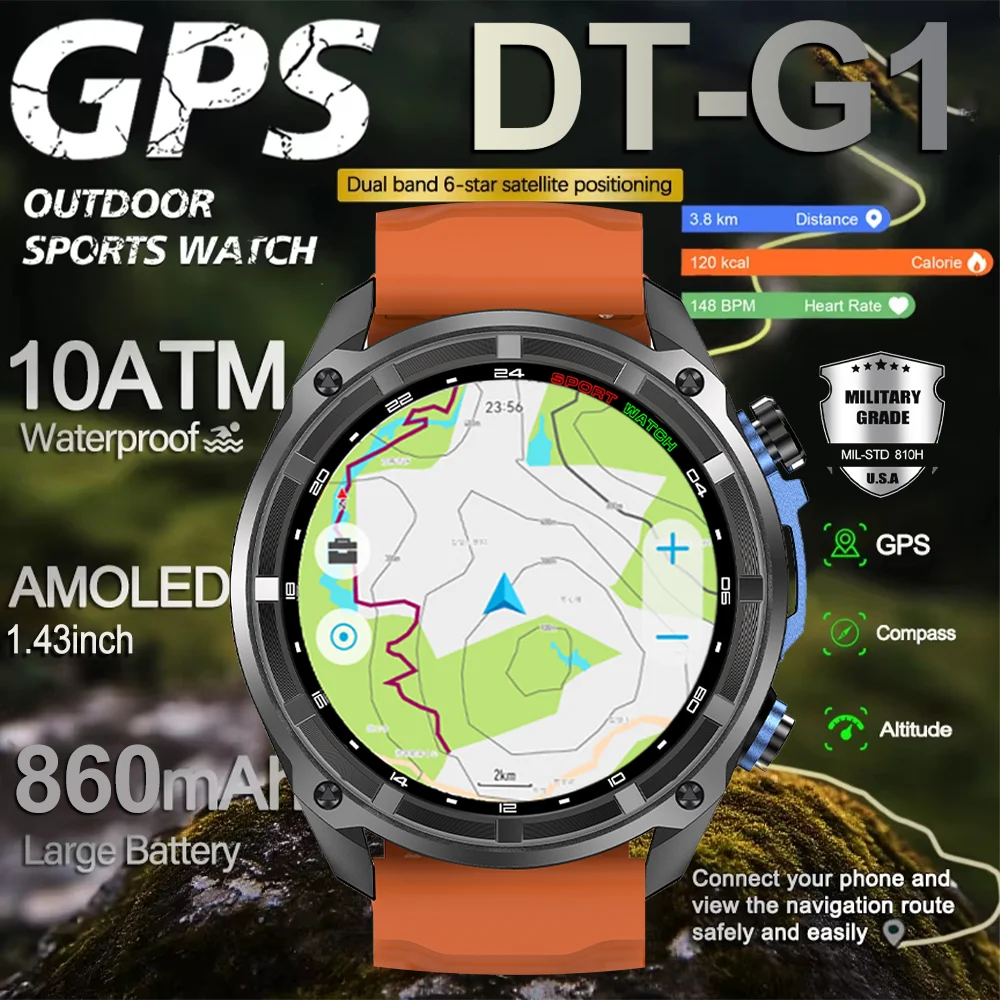 

2026 Новые сверхпрочные умные часы емкостью 860 мАч для мужчин, уличные военные GPS-компас, 5 АТМ, водонепроницаемые, HD, Bluetooth, спортивные умные часы