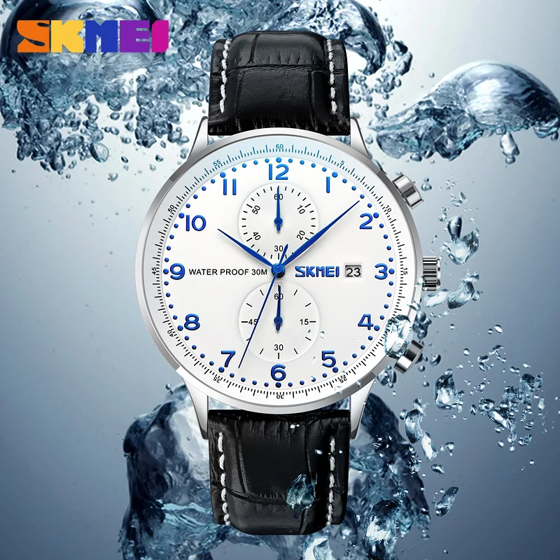 Imagem -06 - Skmei Relógios Masculinos Topo Marca de Luxo à Prova Impermeável Água Esporte Relógio de Pulso Cronógrafo Quartzo Militar Couro Genuíno Reloj Hombre