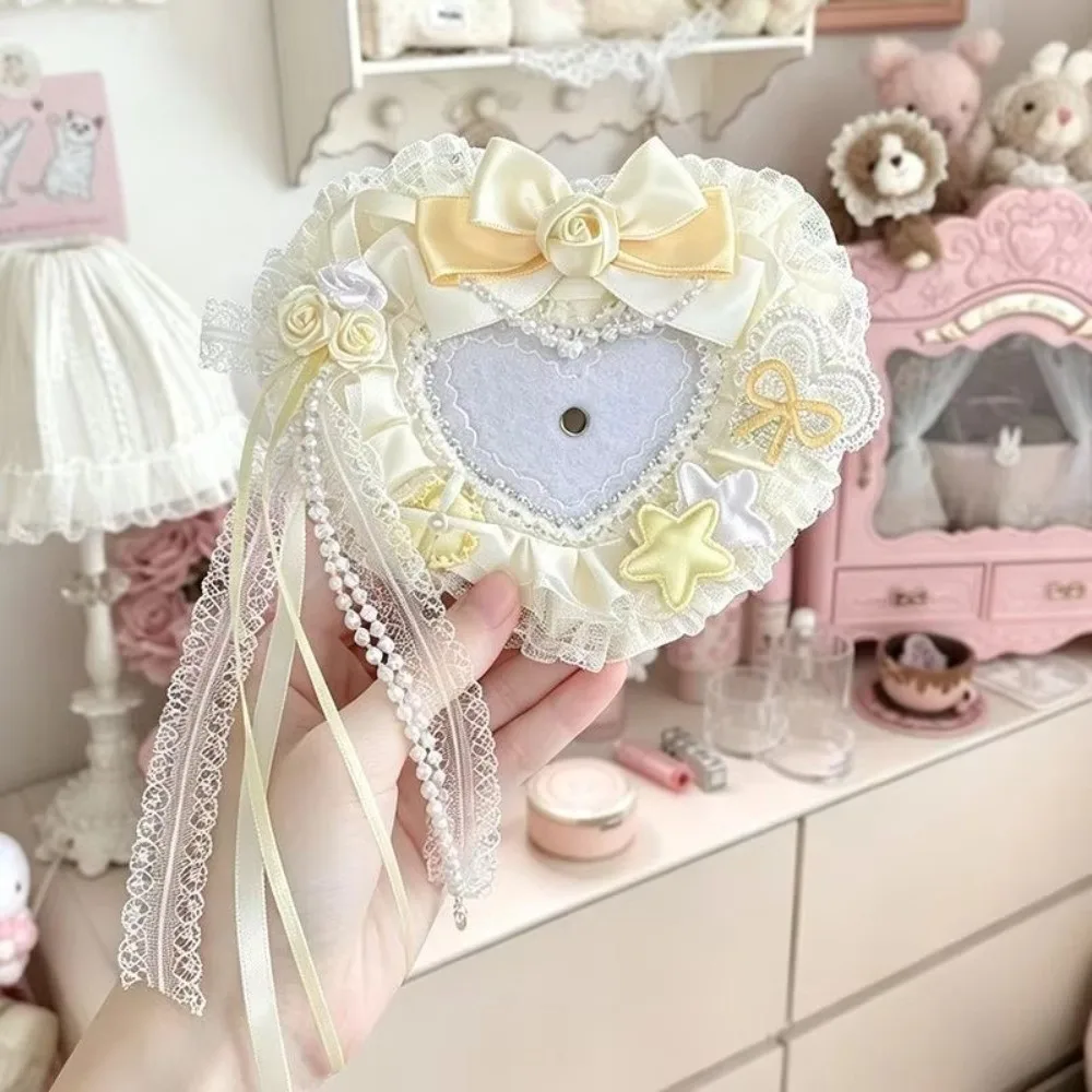 Fabric Heart Shaped Badge Holder Rose Detail Lace Trim Photocard Holder Decorative Bow Tassel Straps