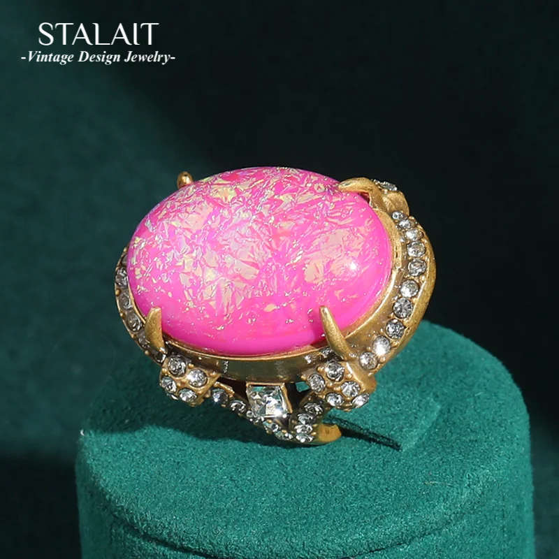 

Vintage Large Opal Ring Pink Antique Gold Color Luxury Quality Jewelry Designer Adjustable For Woman Accessories 2025 Trends