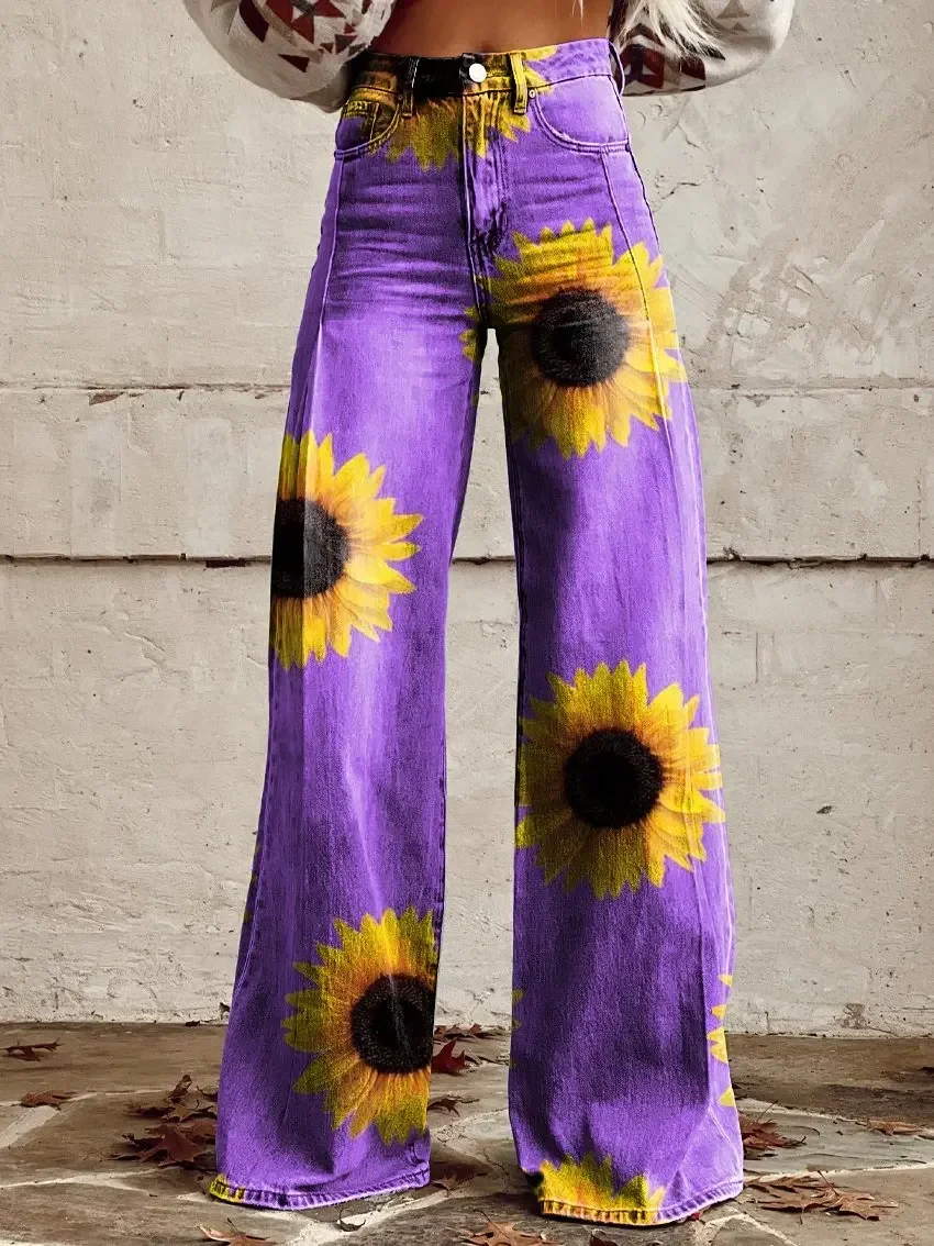 

Fashionable Women's Trousers Purple Pattern Sunflower Wide Leg Pants Daily Shopping Casual Women's Flared Pants S-3XL