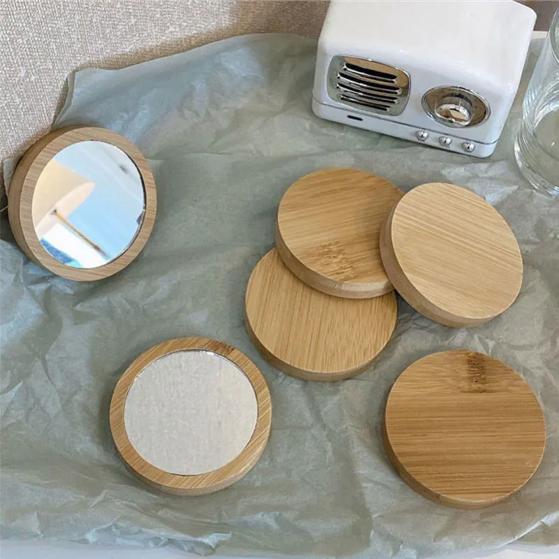 20Pcs Portable Round Wooden Makeup Mirror, Small Princess Vanity Mirror, Student Cosmetic Mirror