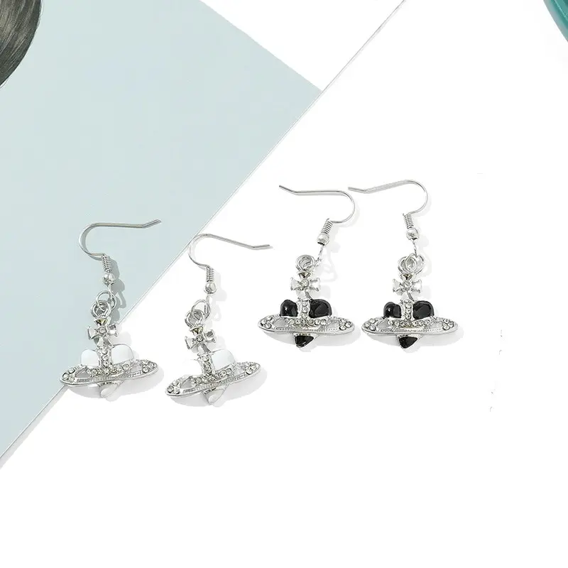 2PCS White Gold-color Plated Earrings Sparkling Diamond Saturn Drip Oil Bow Multicolor Jewelry