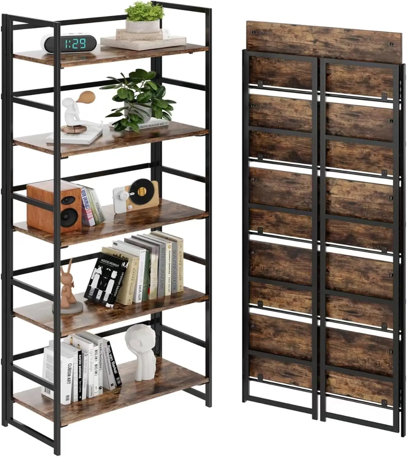 Vintage Multifunctional Folding Bookshelf, No-Assembly Plant Stand Storage Rack Shelves for Home Office (Fire, 5-Tier)