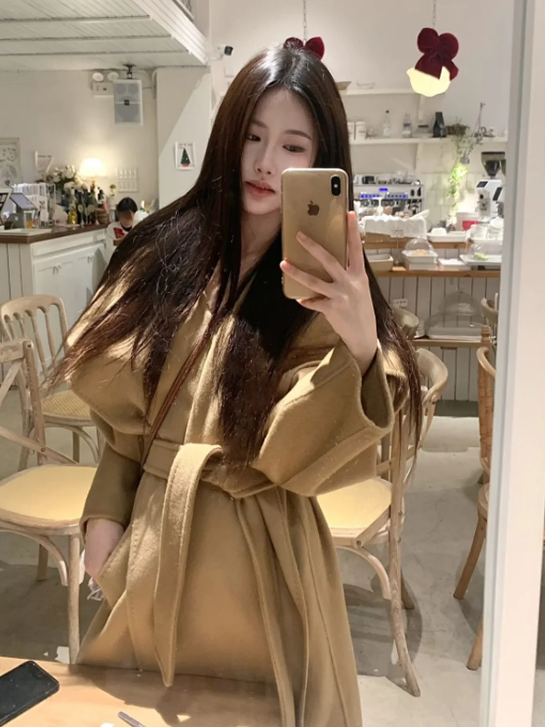 

Korean Sle Belted Woolen Coat High Waist Faionable Ele Lady Wind Long Sve Warmth Women's Outerwear for Winter