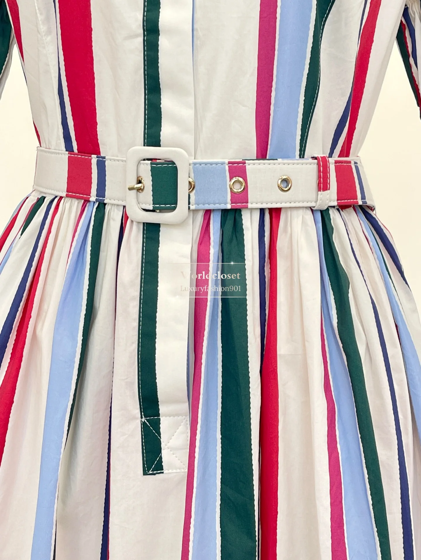 

Short Sleeves Matching Belt Midi Dress Casual Summer Multi-Color Stripe Print Cotton Shirt Collar Puff