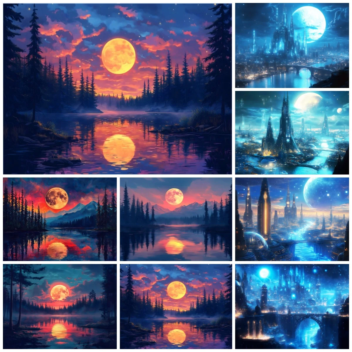 الخيال القمر المشهد خلفية بحيرة الغابات الخيال العلمي مدينة ديكور المراهقين الكبار التصوير استوديو الخيال موضوع الحدث الديكور
