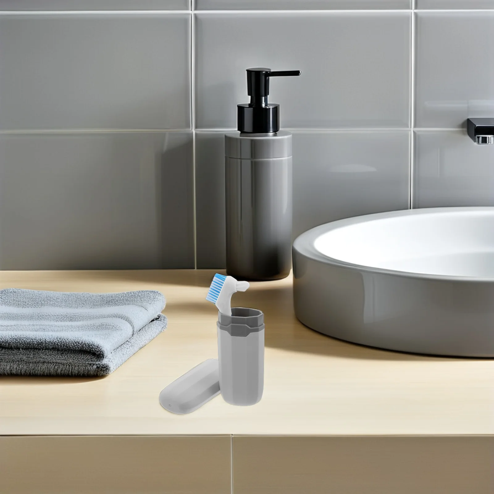 

1 Set Denture Cleaning Brush Kit Blue Portable False Teeth Double Sided Bristles Travel Retainer Storage Box Dental