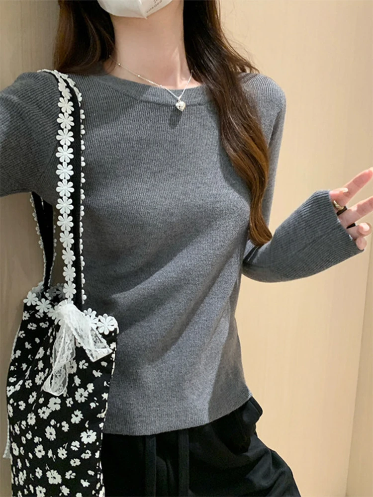 

White Knitted Fleece Women's Sweater round Neck Versatile Base Layer Shirt Casual Style Spring New Arrival Inner Wear Top