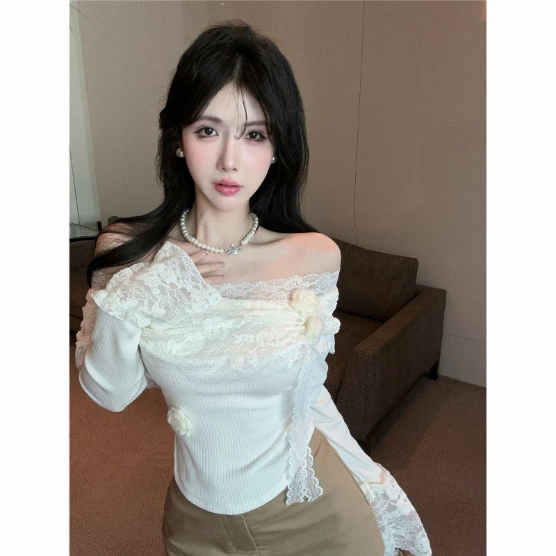 Light Mature Style Tight Fitting Super Fairy Lace Off Shoulder Spicy Girl Shirt Women's French Niche Design Top