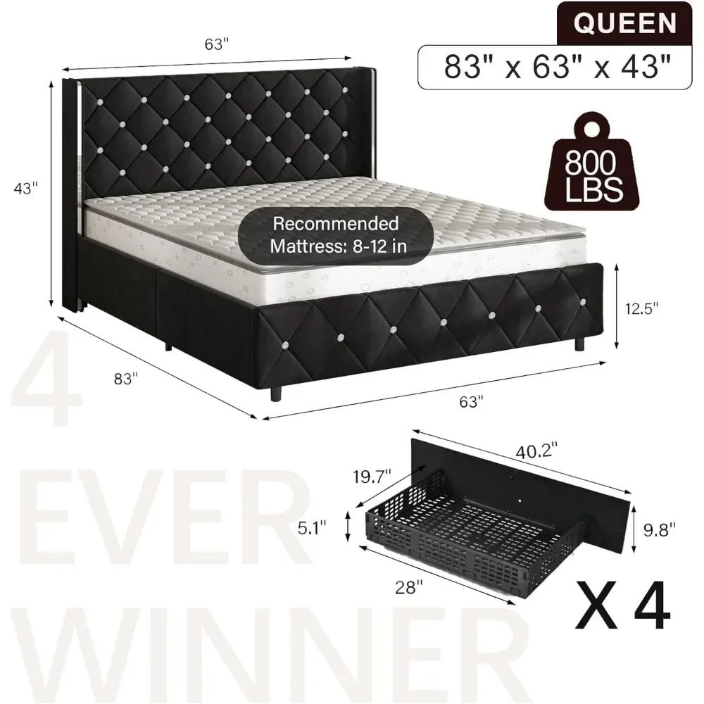 Queen Size Bed Frame with 4 Storage Drawers, Heavy Duty Wooden Slats Support, Velvet Tufted Diamond Platform Bed Frame