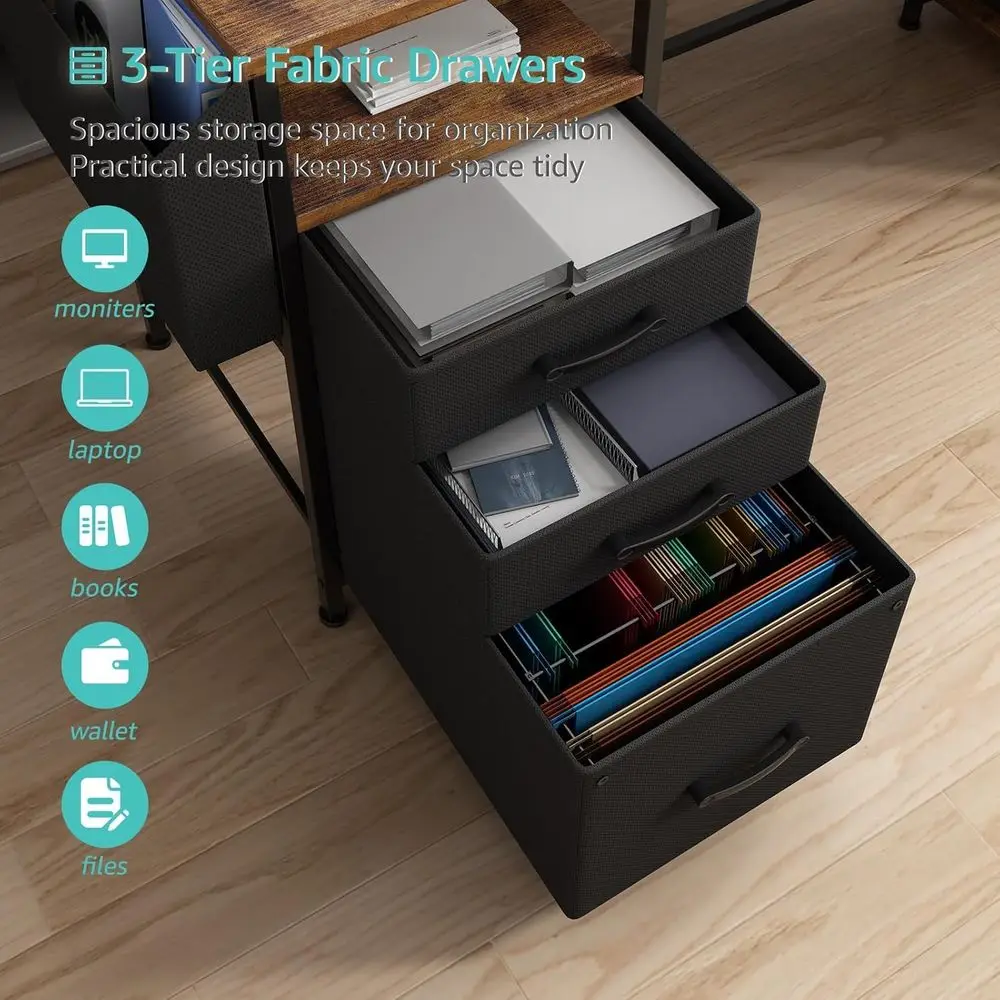 LED-lit 55 Computer Desk with Power Outlets, Fabric Drawers, and Monitor Stand for Home Office in Rustic Brown