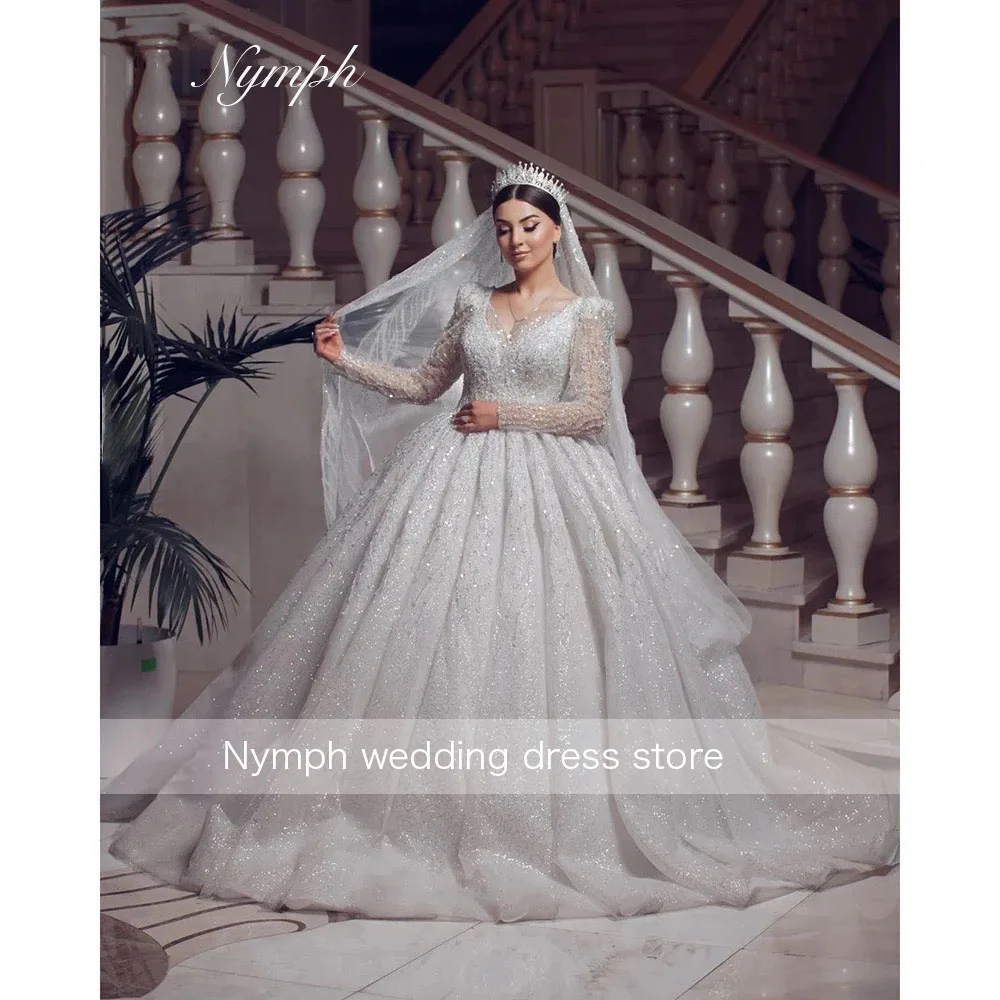 Elegant V Neck Sequined Beaded Wedding Dresses Women Long Sleeve Bridal Gowns Customized  Luxury Ball Gown vestidos de noiva