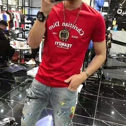 Western Style Men's T-Shirts 2024 Summer New Personalized Pattern Heavy Craft Embroidery Design Ice Silk O-Neck Tees Red M-5XL