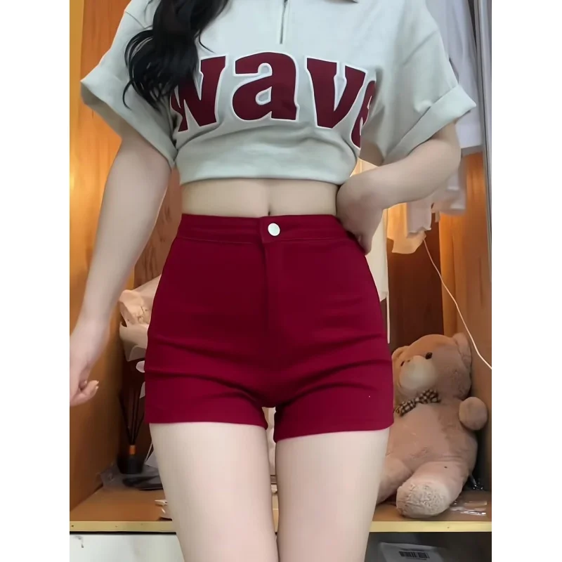 Pantalones cortos vaqueros de tubo de cintura alta para mujer, estilo americano, color rojo, novedad de verano 2025, pantalones cortos ajustados a la moda para chica