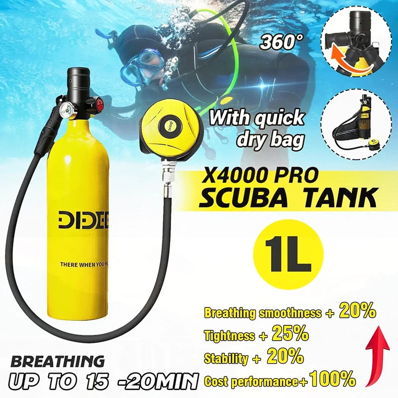 

1L Scuba Diving Snorkel Tank Mini Oxygen Cylinder Respirator Hand Pump For Swimming Accessories Diving Equipment X4000Pro