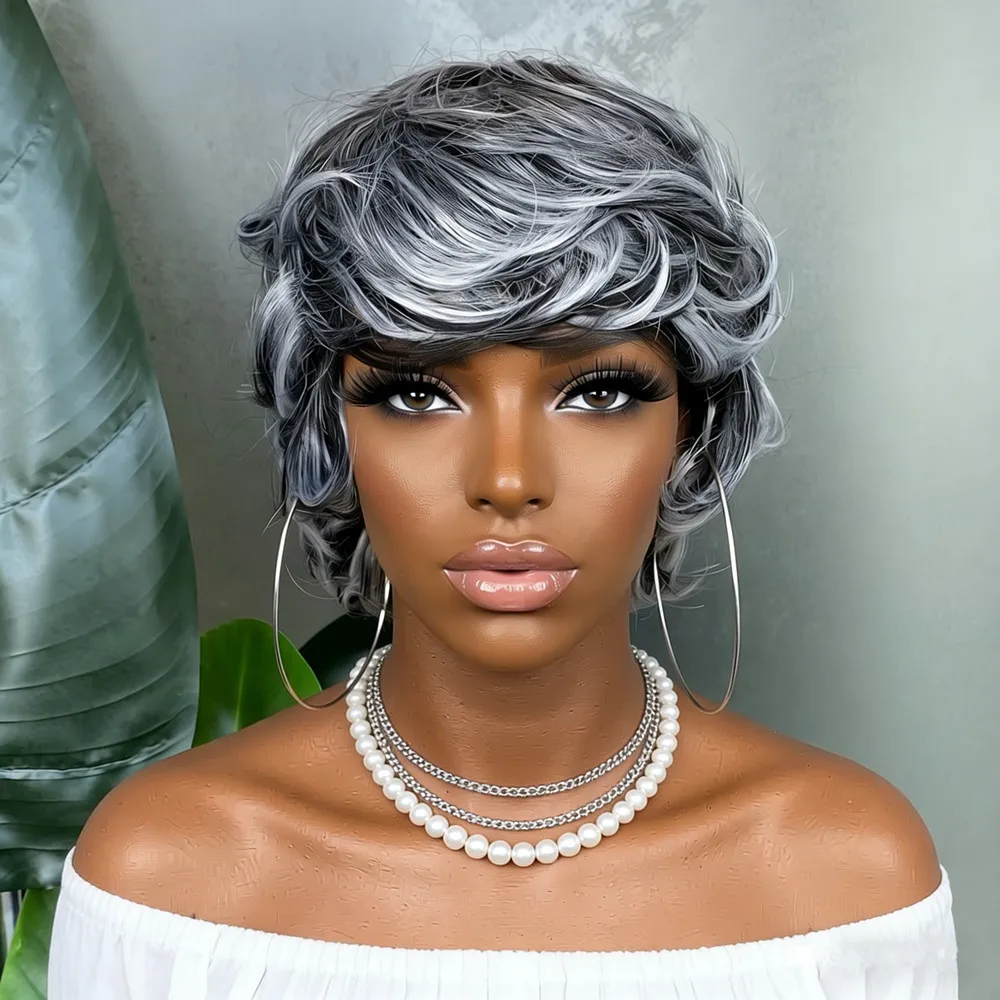 

Серый парик из человеческих волос, машинной работы, короткий, для женщин, плотность 150%, для ежедневного использования.