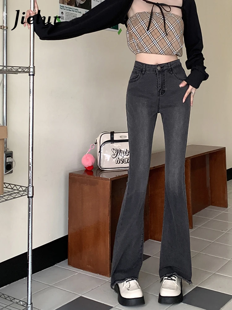 

Jielur New Retro Flared Jeans Women Korean Fashion Casual Slim Fur Edge Denim Pants Simple Skinny Black Woman Trousers Lady S-XL