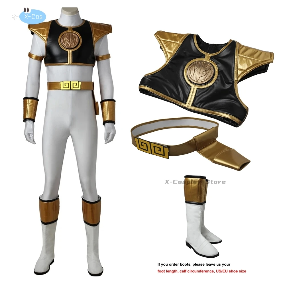 Tommy Oliver disfraz de superhéroe Rangers para Halloween, mono Zentai, uniforme de soldado Tiranno blanco, mono de armadura de batalla