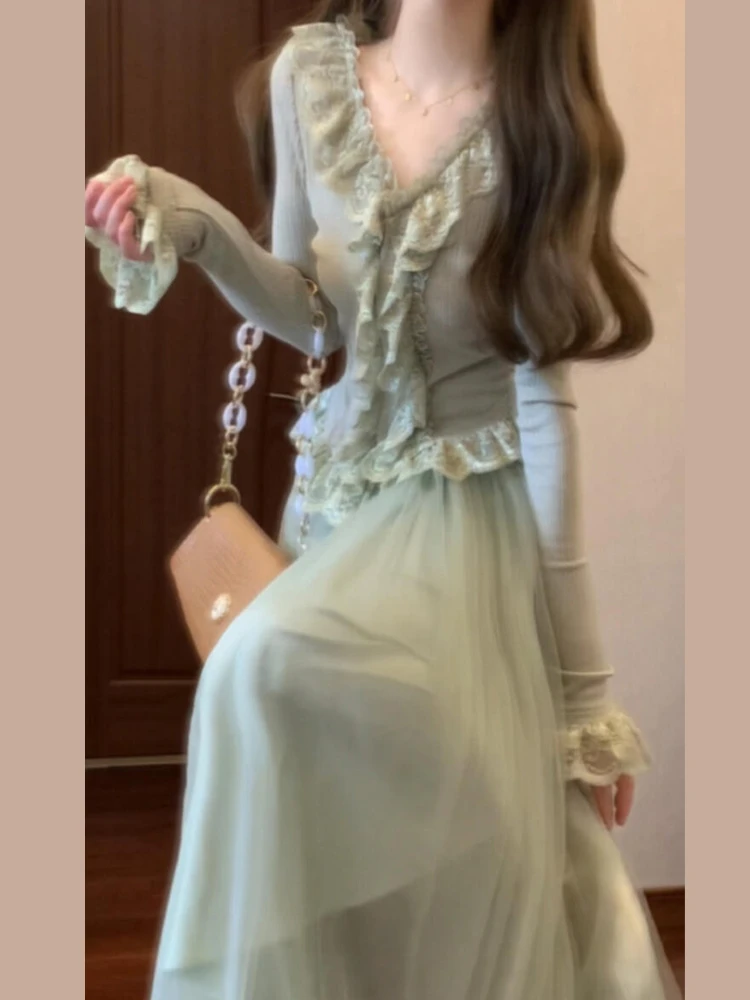 

Green Lace Patchwork Ruffle Elegant Dress for Women2025Spring Outfit French Style Stunning Set Long Dress