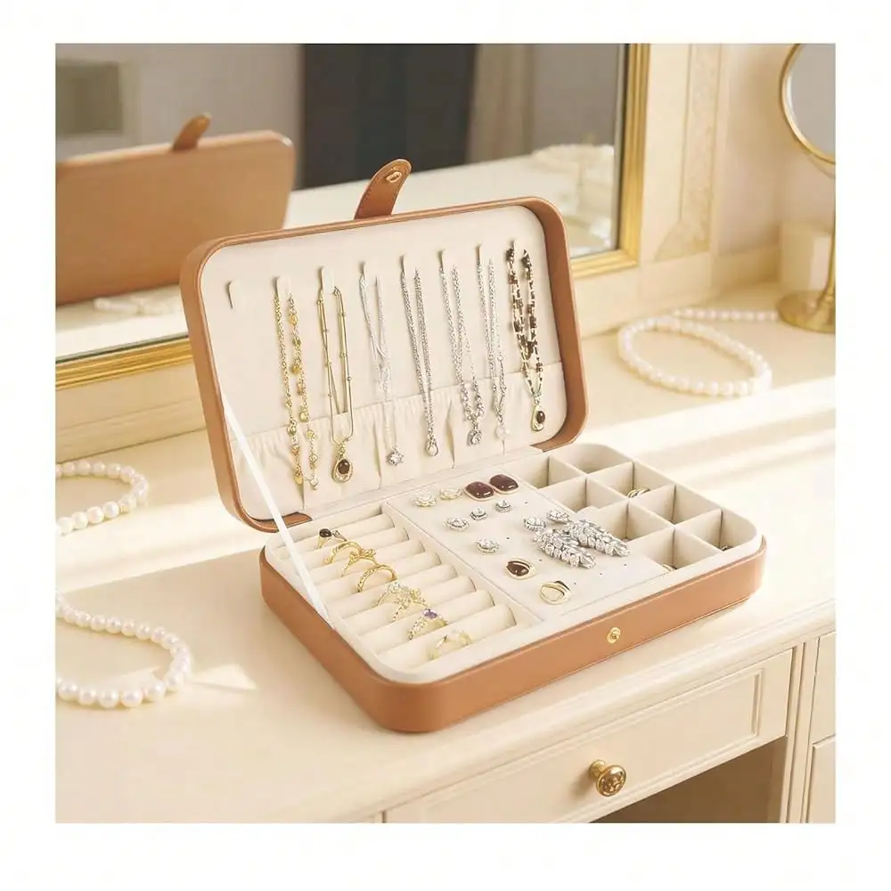 

Luxury Small Travel Jewelry Box With Earring Compartments, Rectangle Jewellery Organizer Case For Women, Elegant PU Gift Jewelry