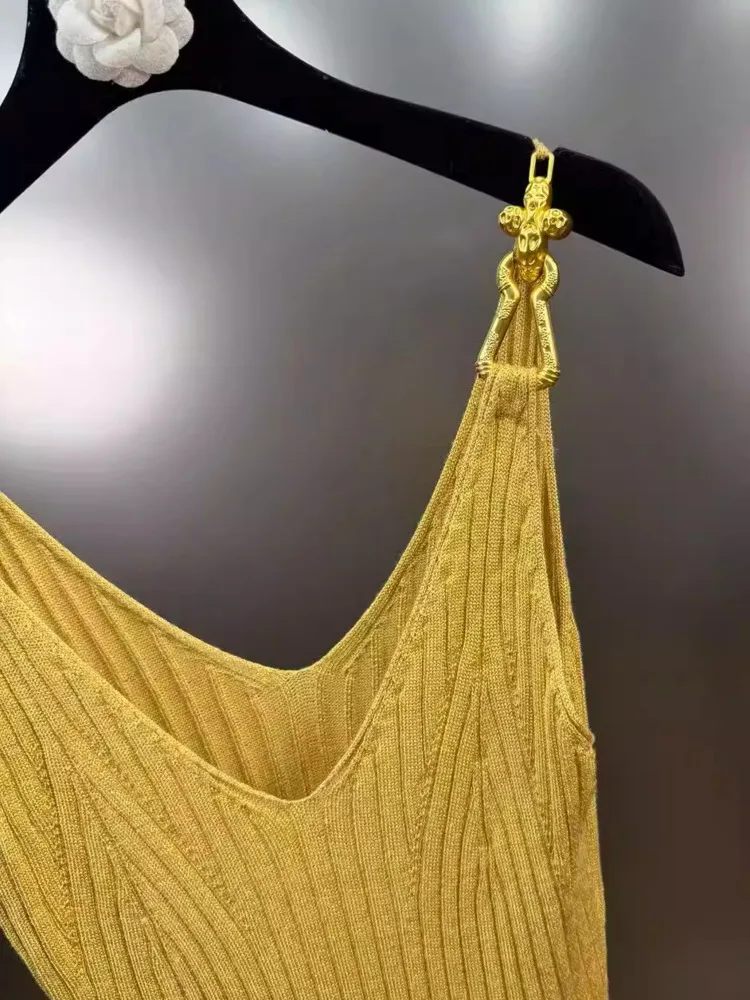 DFDG Vestido camisola de punto acanalado negro amarillo de primavera para mujer Vestido largo sin mangas Casual Diario 2025 Vestido de moda femenina de moda