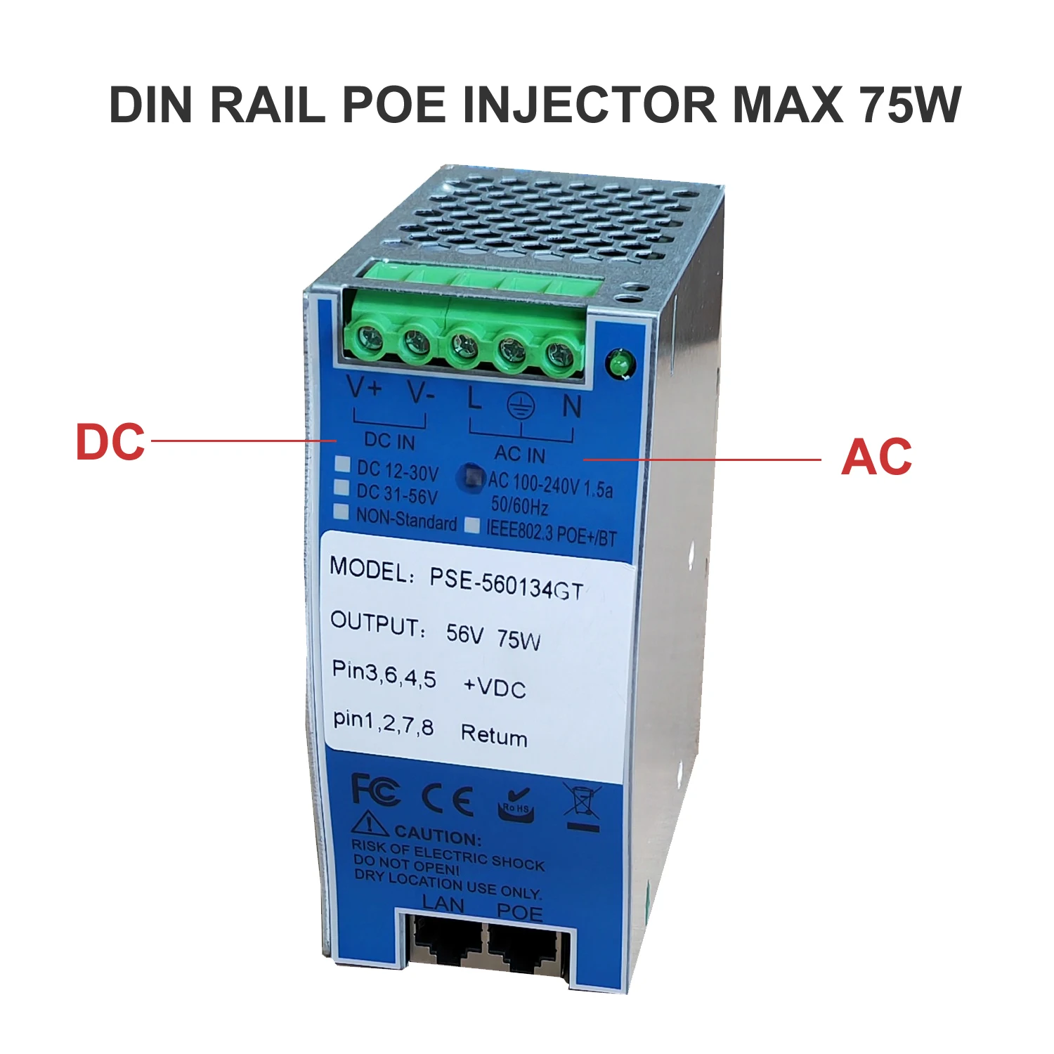 Промышленный Инжектор POE на DIN-рейку Midspan, вход переменного или постоянного тока, макс. 75 Вт, 802 BT/AT