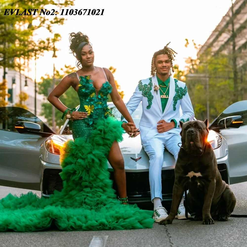 

EVLAST Customized Luxury 2025 Emerald Green Ruffles Mermaid Prom Dress Black Girls High Slit Beading Birthday Party Gown E2P273