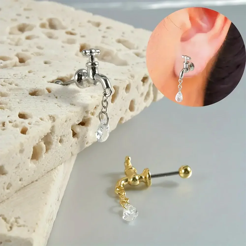1PC Surgical Steel Faucet Stud Earring Water Drop Zircon Pendant Ear Stud Cartilage Ear Lobe Piercing Helix Daith Tragus Earring