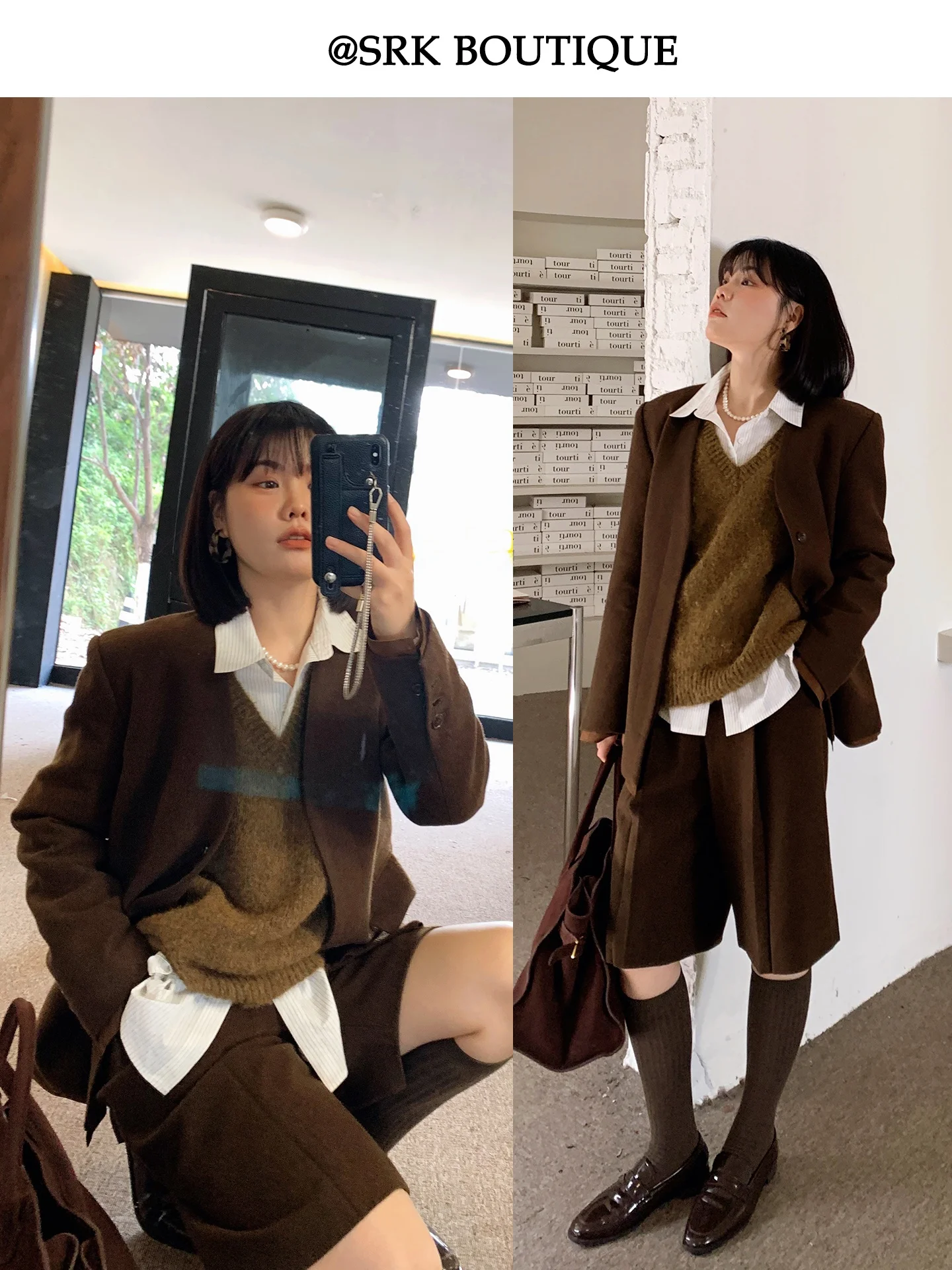 

SRK Autumn Winter Brown Retro High-End Woolen Suit Jaet Women's Straight Cut Polyester Fiber Warm Long Sve Mid-Length