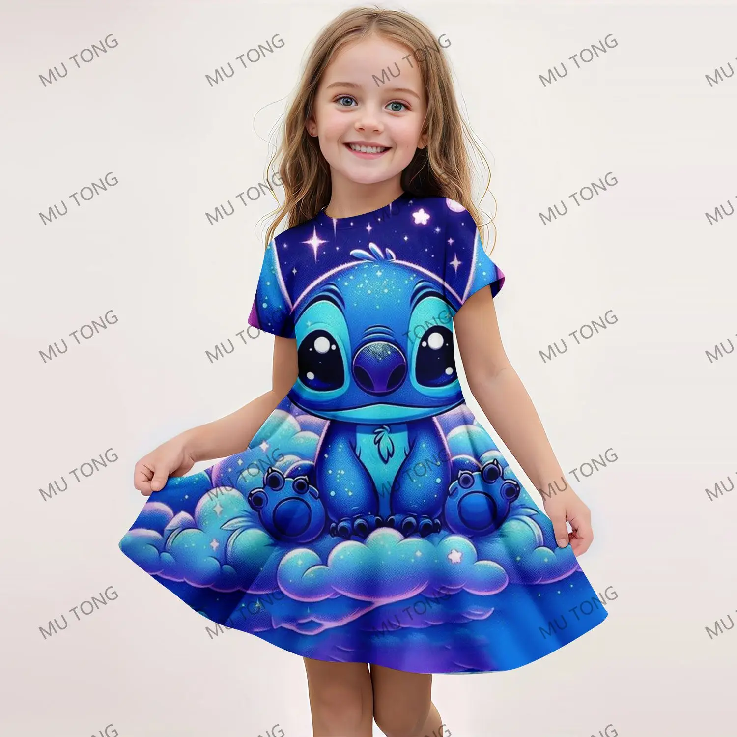 2024 Sommer neues Mädchen Kurzarm Kleid niedlichen Stich 3d gedruckt Kinder Rock Mode Leistung Kleidung Freizeit kleidung Geburtstags geschenke