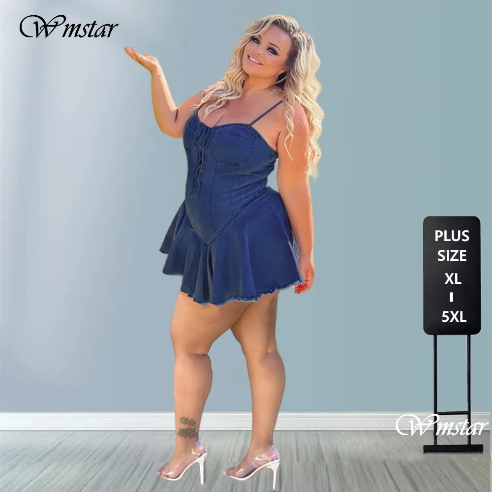 Wmstar Plus Size Denim Dresses for Women Clothing Summer Strip Bandage Sexy Fit and Flared New Midi Dress Wholesale Dropshipping