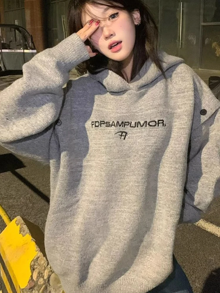 

Толстовка с капюшоном в стиле ретро и американской вышивкой, трикотаж, осень-зима, повседневный свободный универсальный свитер для пар, длинный длинный слэ...