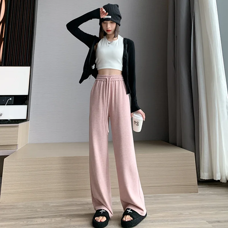 Calças de perna larga cáqui feminino verão modal solto-ajuste faixas cordão leve emendado kawaii flowy babados arejado simples