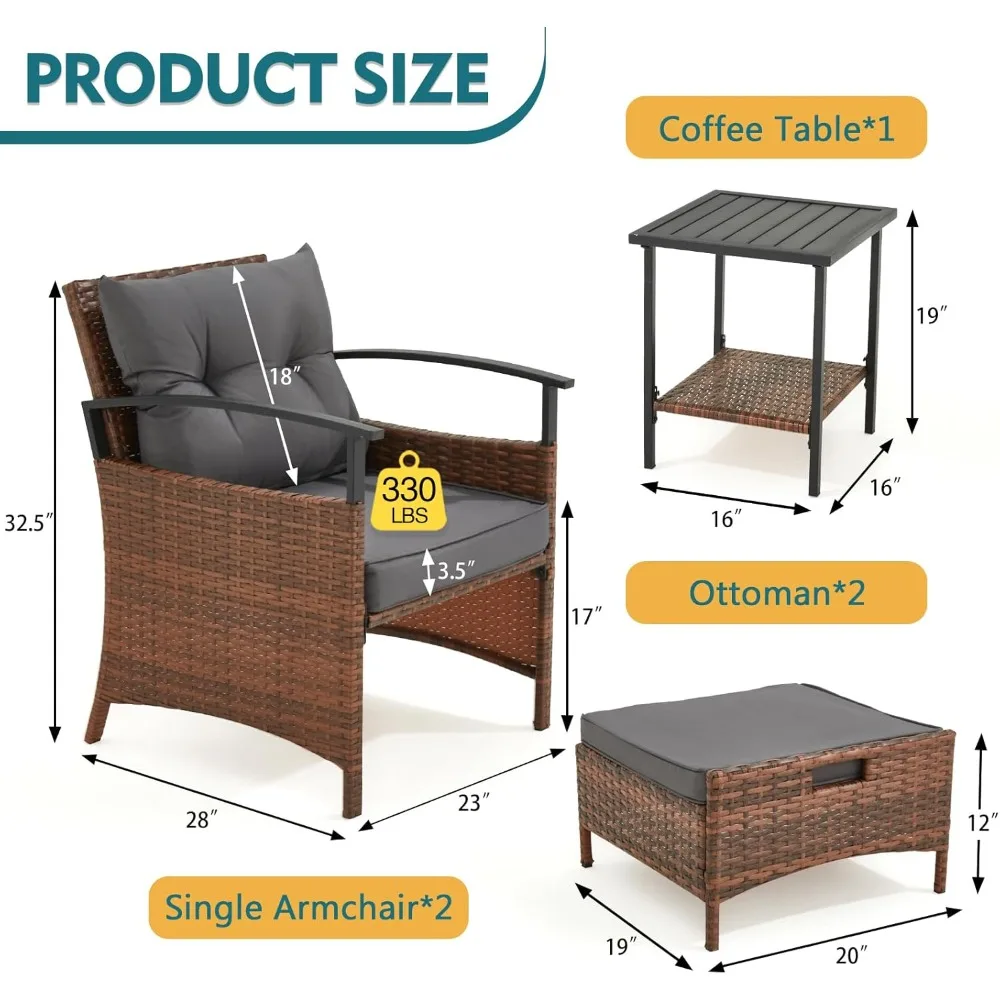 طقم أثاث للفناء مكون من 5 قطع من PE Wicker Rattan مناسب لجميع الأحوال الجوية مع كراسي مبطنة وطاولة قهوة معدنية