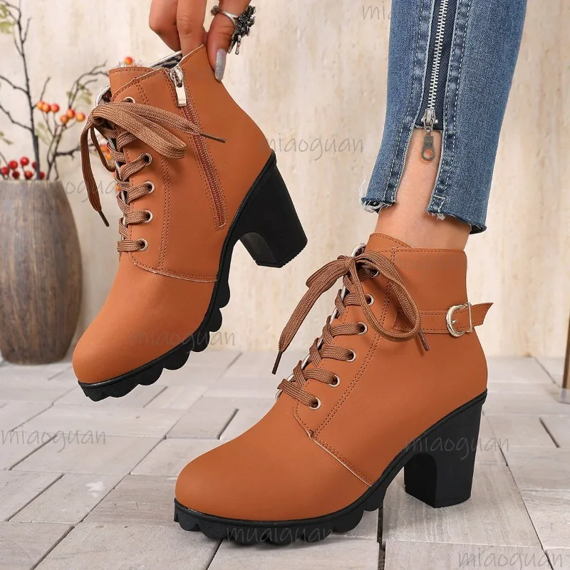 Plus Size 36-43 Women's Ankle Boots Autumn Winter Chunky High Heel Short Boots Round Toe Lace Up Booties Botines Para Mujeres view 3