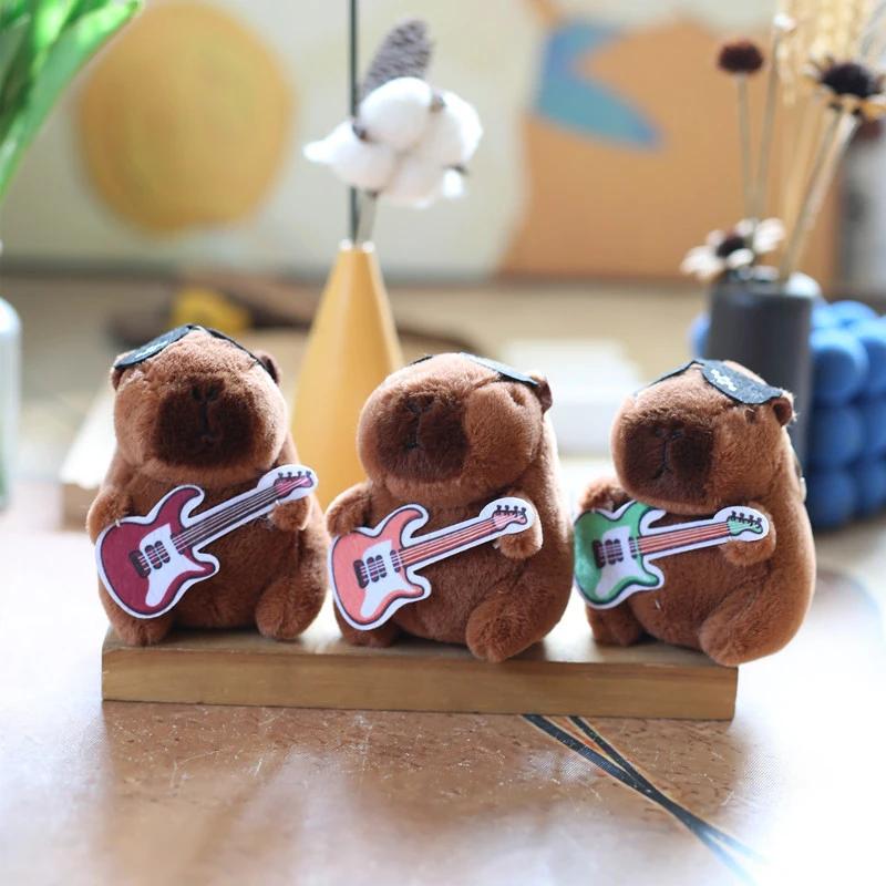 Cute Guitar Capybara Plush Toy Cartoon Guinea Pig Pendant Soft Stuffed Doll Backpack Keychain Bag Car Key Ring Decor Kid Gift