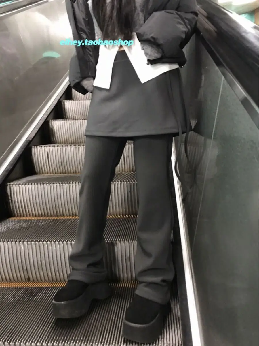 

Eihey Искусственные повседневные длинные брюки из двух предметов, эластичная мини-юбка, тонкие легкие расклешенные длинные капри, женские серые брюки