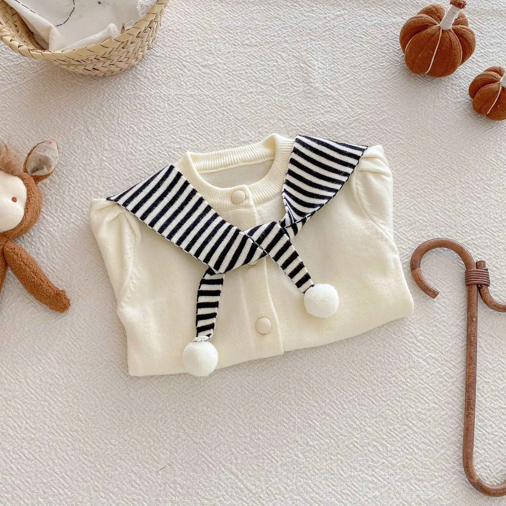 2025秋冬ベビーストライプネイビー襟カーディガンニットセータートップスセーター女児韓国風服