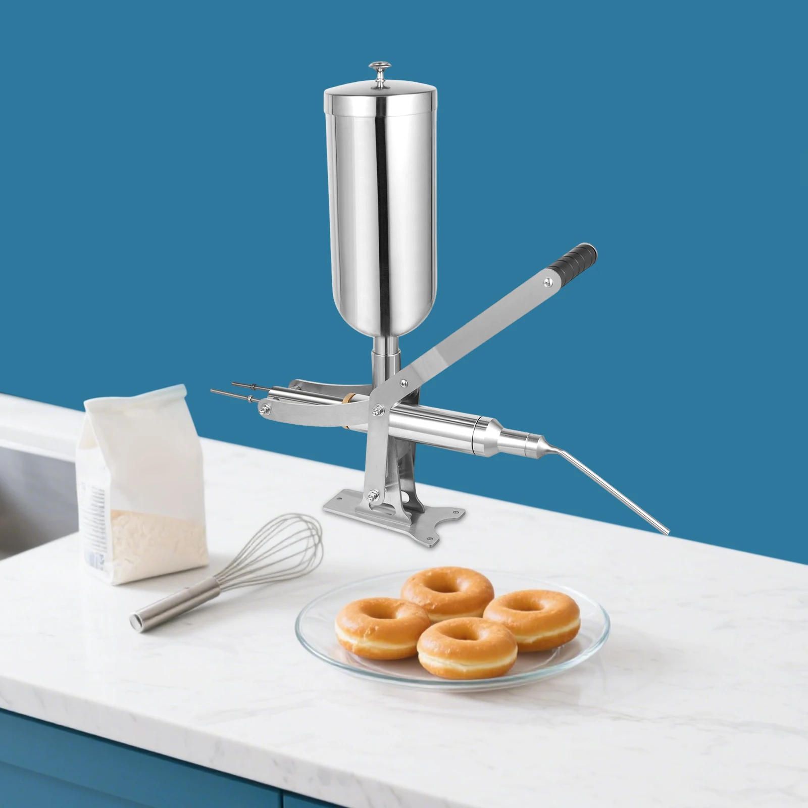 Plug & Pull Manual Donut Filler 5.28QT Stainless Steel with 4 Pipes for Fast Easy Donut Filling