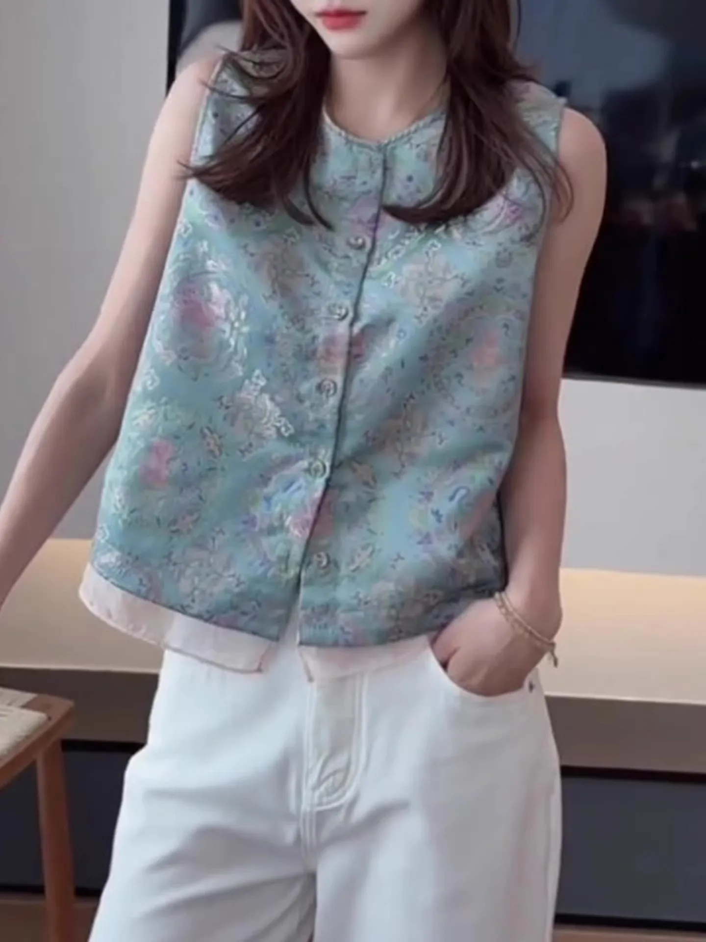 Color Blo round Ne Svel Vest Button Design Chinese Sle Printed Top Women's Faion Summer New Arrival