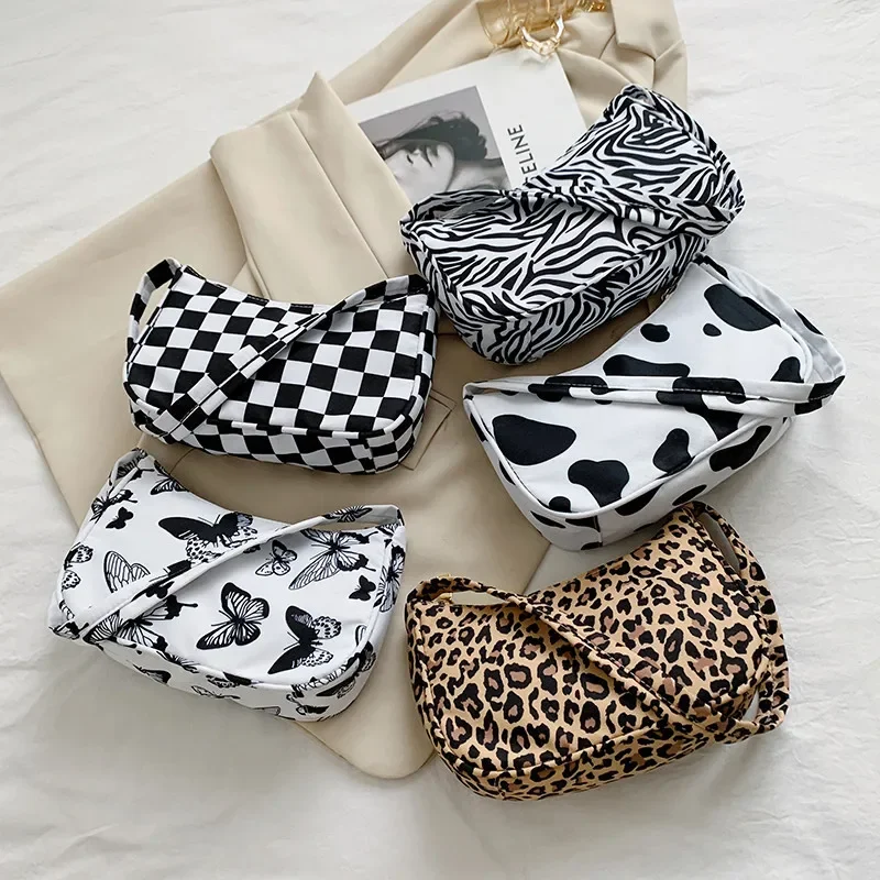 Animal Pattern Print Nylon Shoulder Bag Casual Women Small Handbag Butterfly Leopard Zebra Cow Print Woman Ladies Underarm Bags