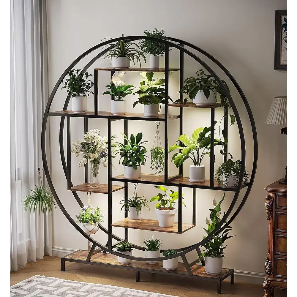 63-Inch Indoor Round Plant Stand with 5 LED Lights and Full-Moon Metal Shelves
