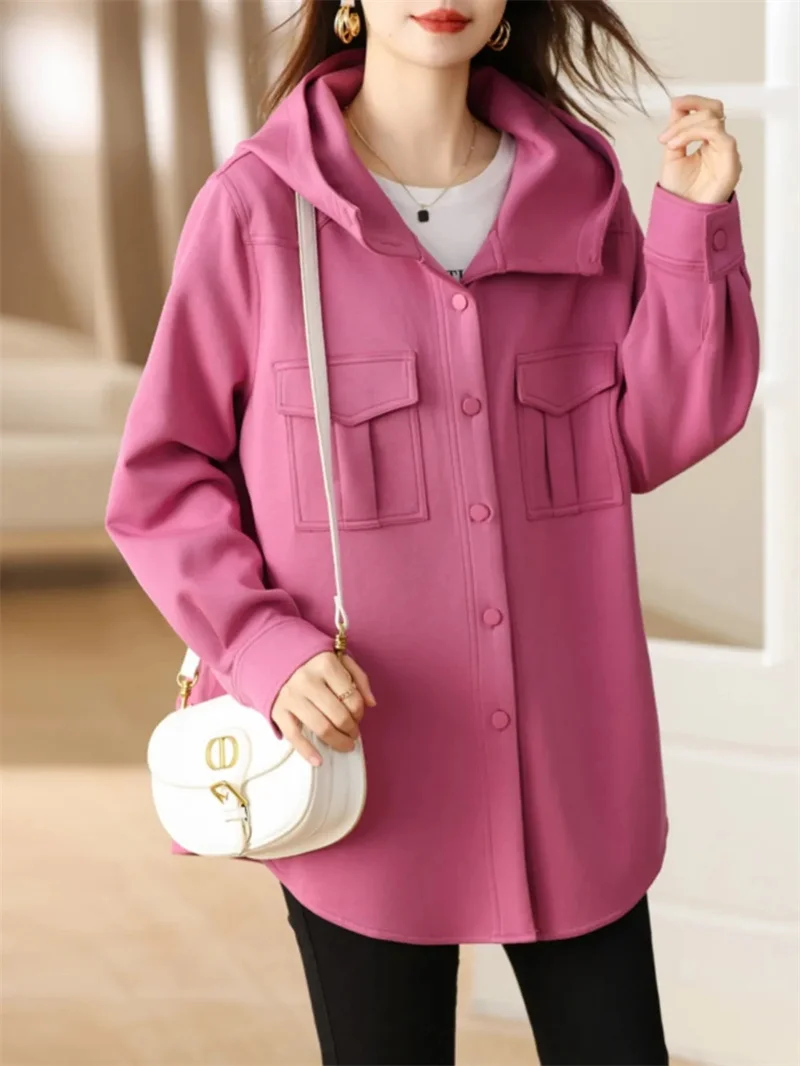 2023 Autumn/Winter New Korean Version Loose Casual Premium Slim and Versatile Cardigan Hooded Coat Women's Button Solid Commuter