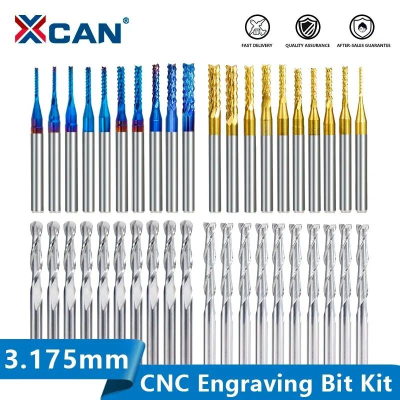 XCAN End Mill Engraving Bits Set 40pcs Nano Blue Coated CNC Router Bits Cutting Milling Cutter 1/8\