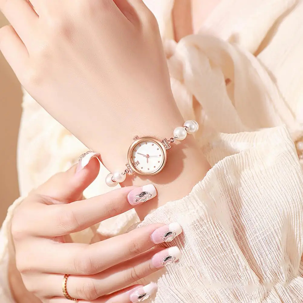 

Women Bracelet Watch Adjustable Faux Pearl Strap Round Dial Ladies Formal Dress Quartz Wristwatch Fashion Jewelry Accessory